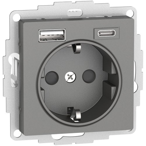 Розетка с заземлением +2xUSB тип A+C без рамки Systeme Electric AtlasDesign 1-м. сталь картинка